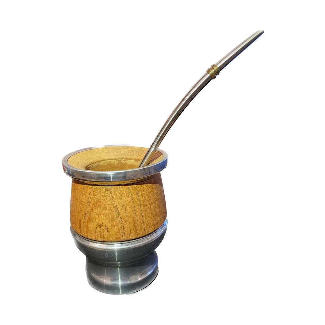 Mate madera de algarrobo base forrada aluminio + bombilla acero inoxidable